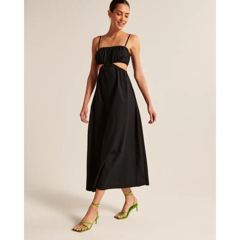 Abercrombie & Fitch Black Bubble Top Strappy Waist Cutout Midi Dress